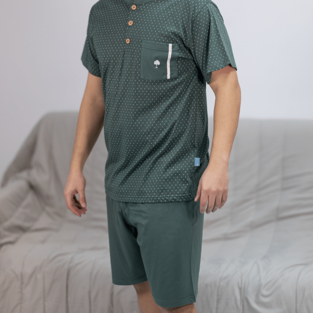 Pijama de Homem de Calções 100% Algodão - Verde Escuro com Botões - Fabricado em Portugal - 100% Algodão - Sonho Renovado