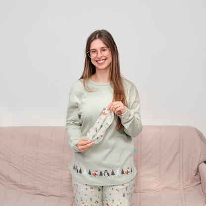 Pijama Feminino em 100% Algodão Cardado com Máscara de Sono - Ilustração Floresta Encantada