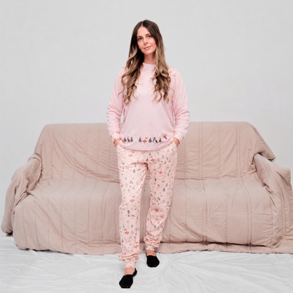 Pijama Feminino em 100% Algodão Cardado com Máscara de Sono - Ilustração Floresta Encantada