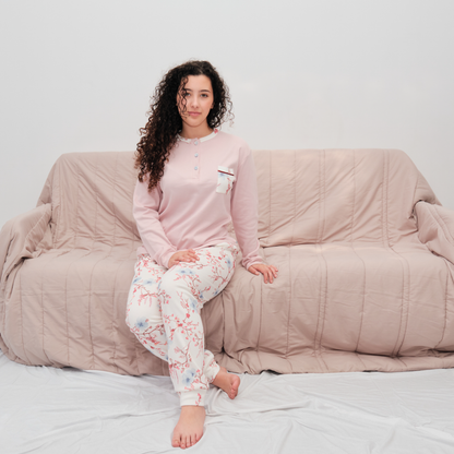 Pijama Feminino em Algodão Cardado - Estampa Floral Botânica
