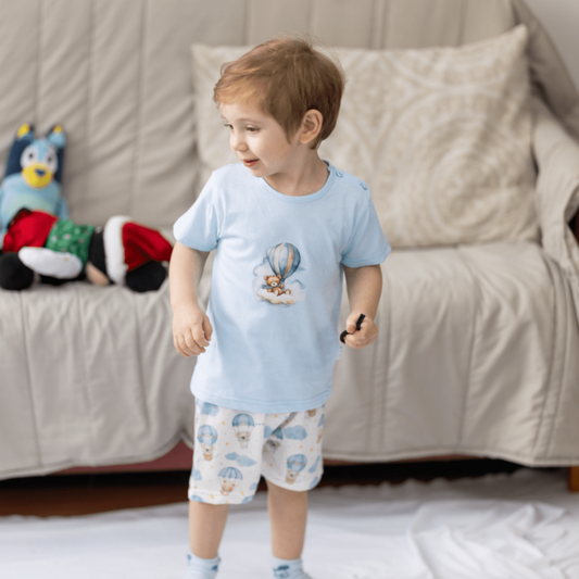 Pijama de Bebé de Calções 100% Algodão - Padrão Ursinho Balão - Fabricado em Portugal - 100% Algodão - Sonho Renovado
