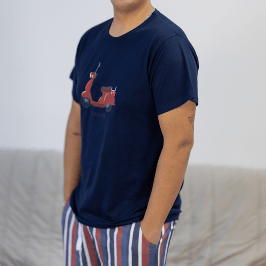 Pijama de Homem de Calções 100% Algodão - Estilo Scooter Vespa - Fabricado em Portugal - Pijama Homem - Sonho Renovado