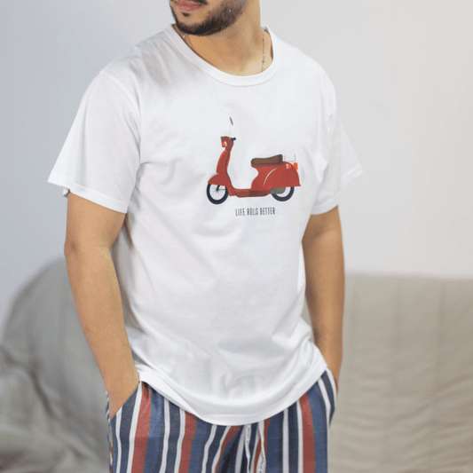 Pijama de Homem de Calções 100% Algodão - Estilo Scooter Vespa - Fabricado em Portugal - Pijama Homem - Sonho Renovado