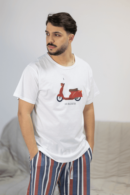 Pijama de Homem de Calções 100% Algodão - Estilo Scooter Vespa - Fabricado em Portugal - Pijama Homem - Sonho Renovado