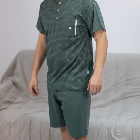 Pijama de Homem de Calções 100% Algodão - Verde Escuro com Botões - Fabricado em Portugal - 100% Algodão - Sonho Renovado