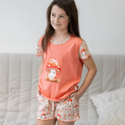 Pijama de Menina de Calções 100% Algodão - Padrão Cogumelo - Fabricado em Portugal - 100% Algodão - Sonho Renovado