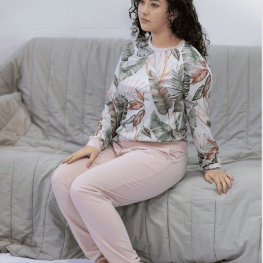 Pijama Feminino 100% Algodão com Punhos e Bolsos – Conforto Natural e Estilo Floral - 100% Algodão - Sonho Renovado